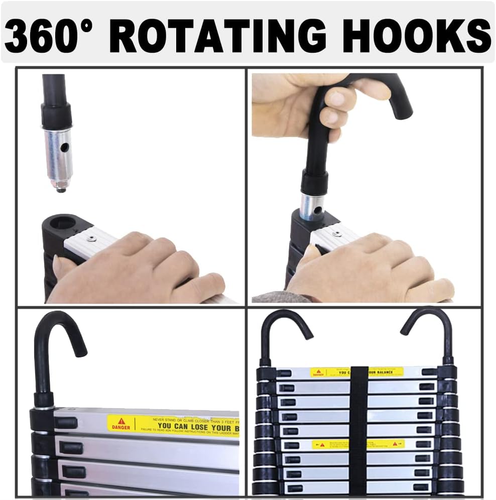 Scala Telescopica in Acciaio inossidabile da 5 m, antiscivolo, Scala Allungabile con 2 Ganci, 13 pioli, Scala multifunzione, facile da trasportare, portata 150 kg, EN131