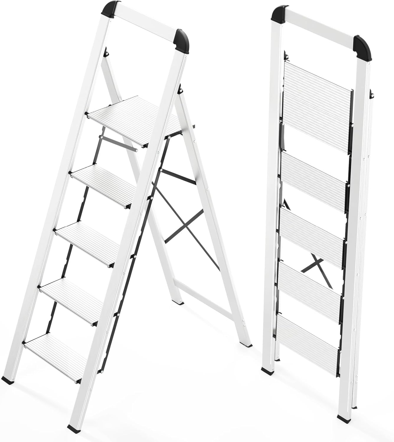 Scaletta 5 Gradini Pieghevole in Alluminio Leggera con Corrimano, Blocco di Sicurezza, Pedali Antiscivolo, Scala per Cucina Garage Casa