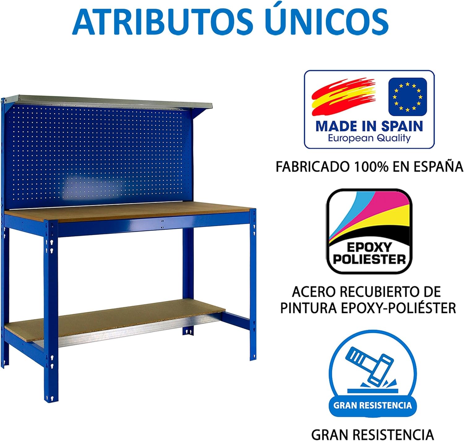 Banco da lavoro per officina, capacità di carico 600 kg, 1445x1210x610 mm, Pannello Forato, Ripiano per cassetti, Tavolo da lavoro fai da te, Blu/Legno - BT3