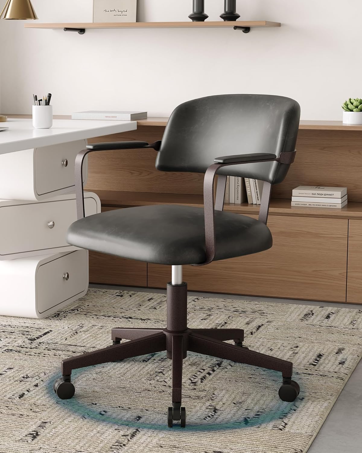 Bürostuhl Leder Aesthetic Schreibtischstuhl Ergonomisch Drehsessel mit Rollen Armlehnen Retro-Sessel Vintage