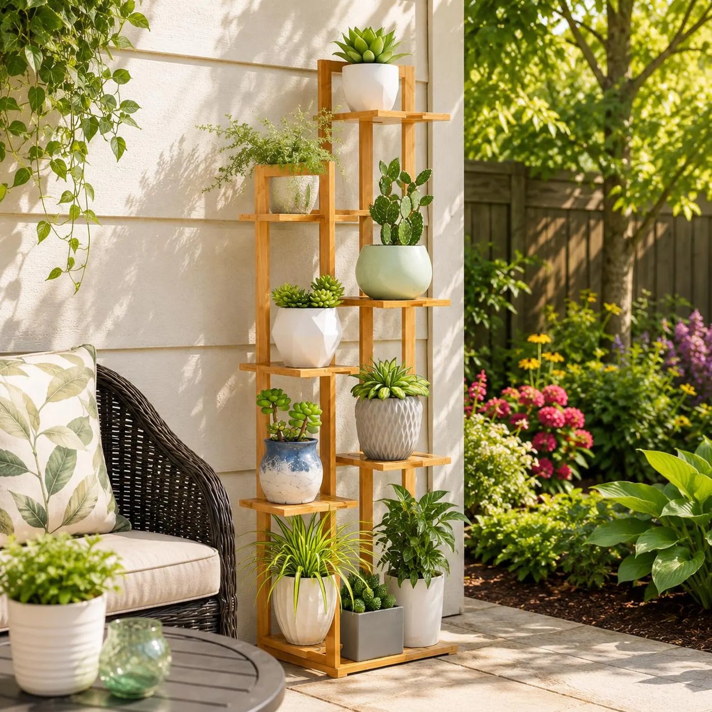 6-Tier Bamboo Plant Stand, Indoor Outdoor Flower Pot Rack, Planter Shelf, Wood Corner Flower Pot Holder, Garden Balcony Patio Home Decor Storage