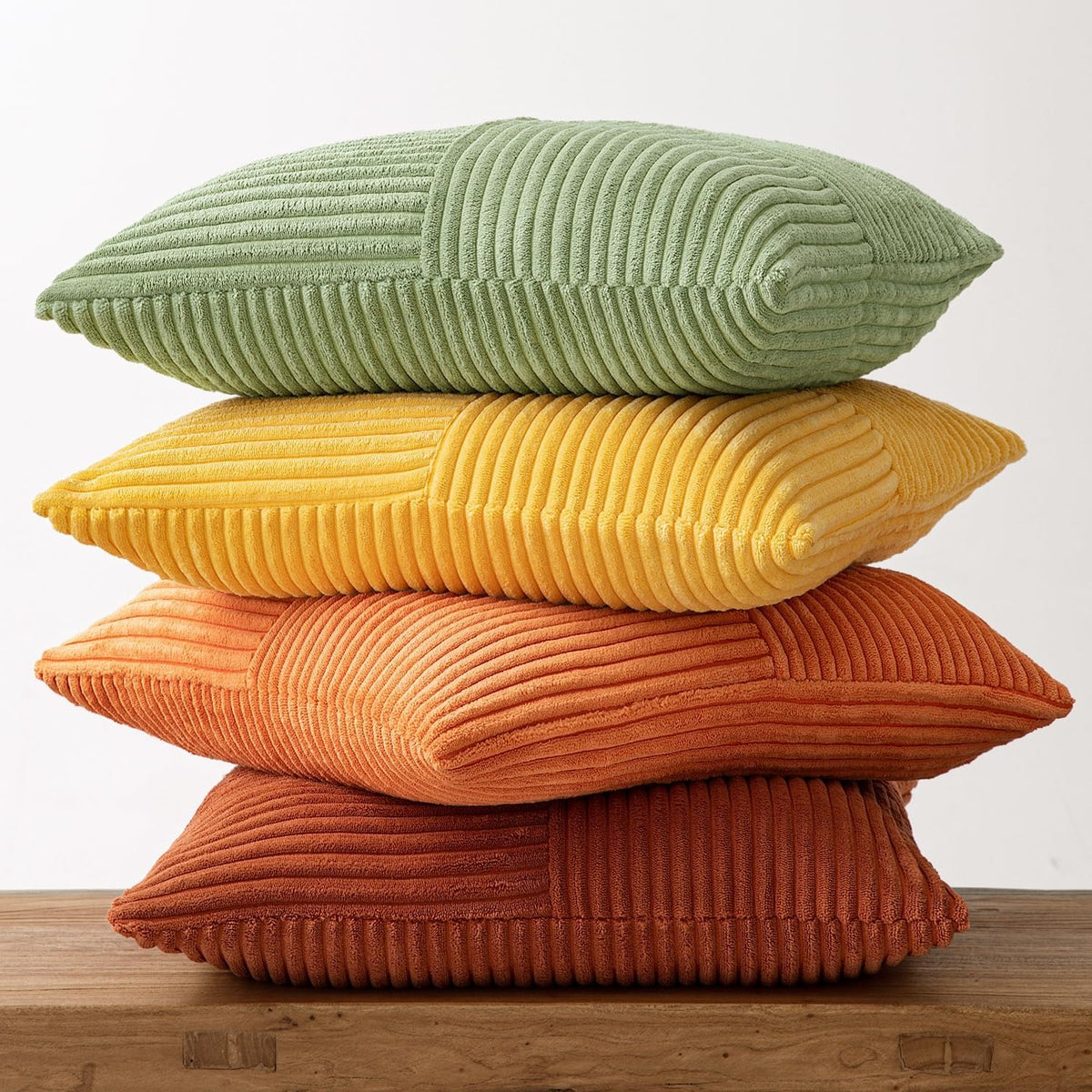 Lot de 4 housses de coussin en velours côtelé orange et vert 40 x 40 cm
